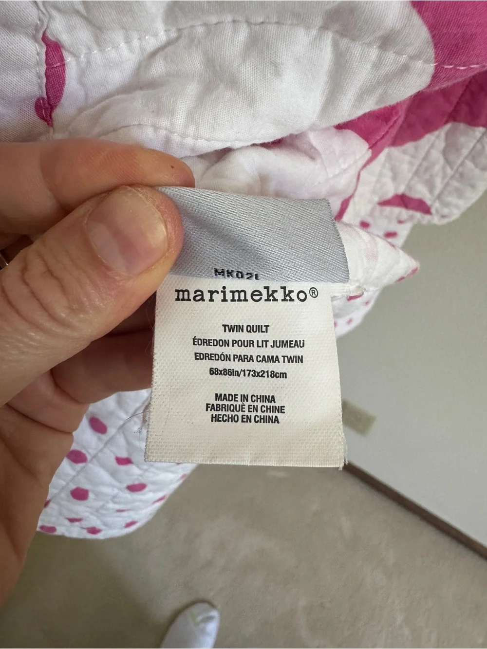 Marimekko Twin Size Cotton Pink and White Patterned Reversible Quilt